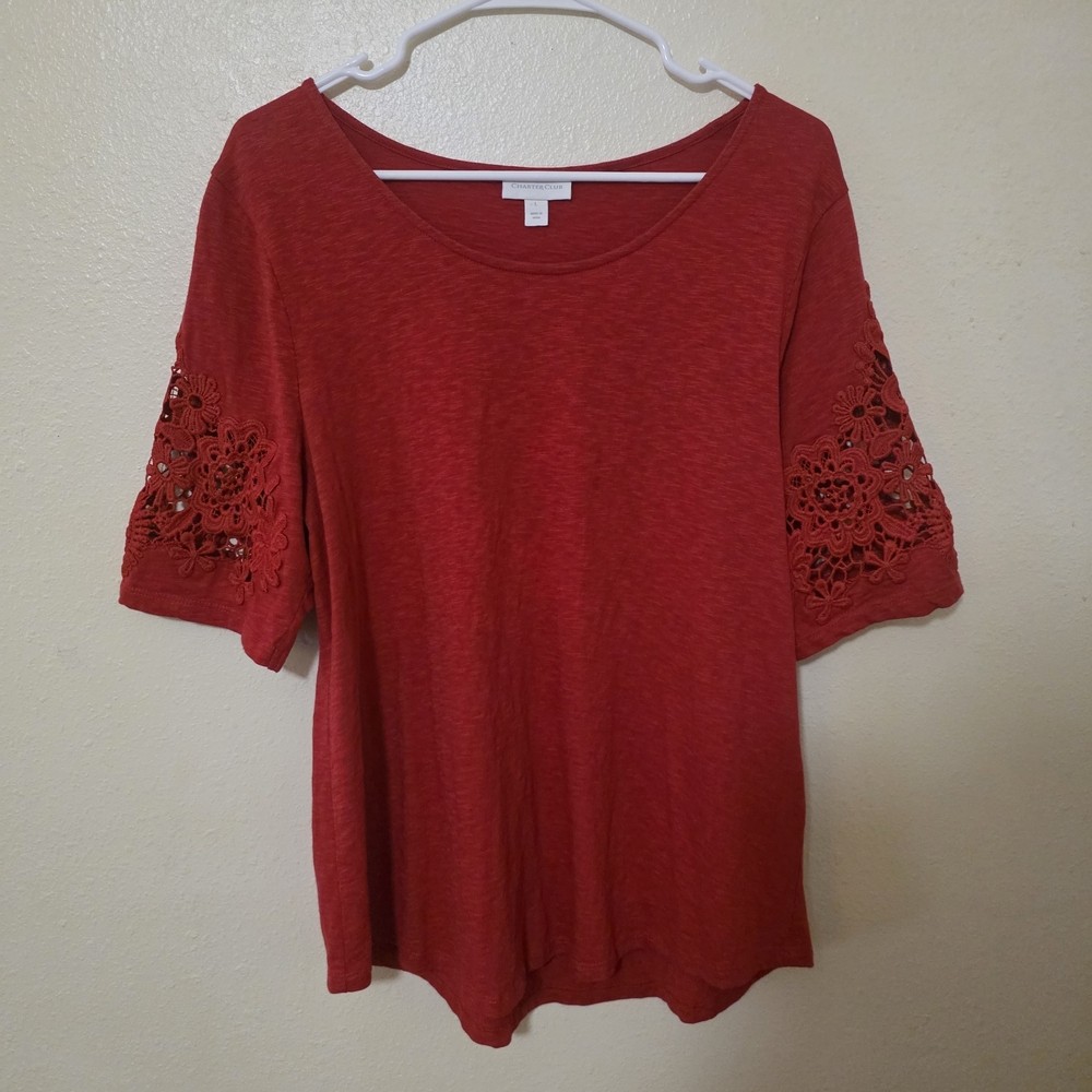 Charter Club Women's Red Lace Sleeve Top Size Large